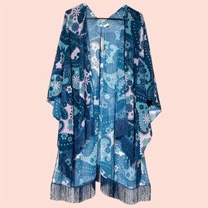 Urban Outfitters Teal + Lavender Groovy Paisley Floral Kimono w Fringe